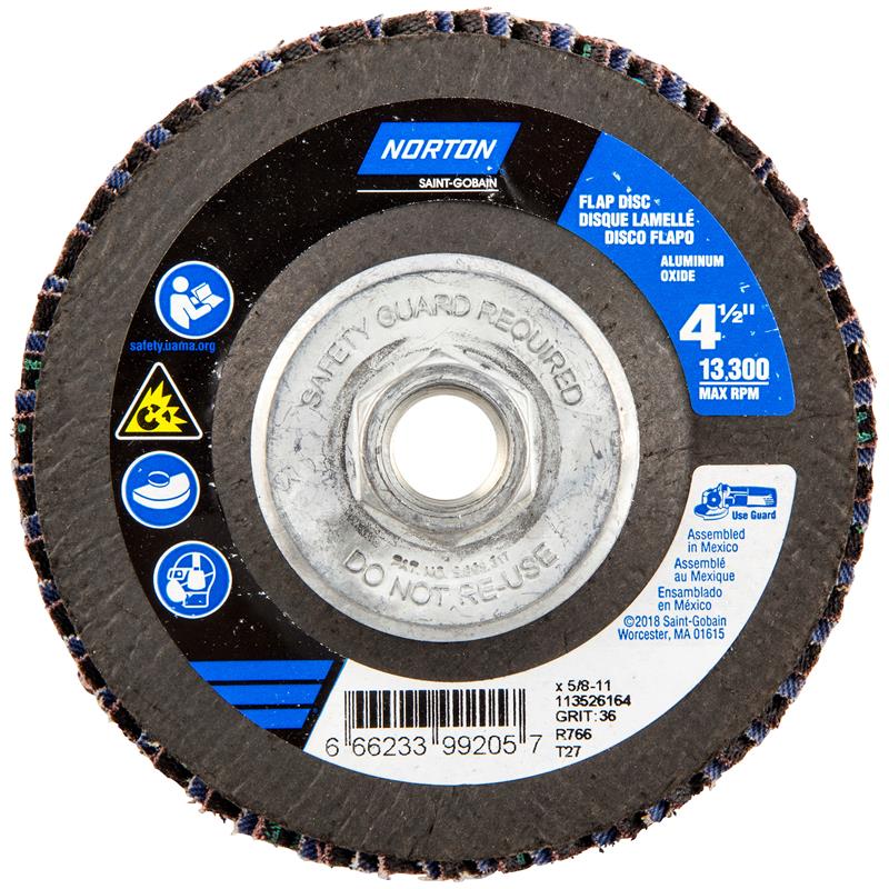 Flap Disc 4-1/2"X5/8"-11 Type 27 36 Grit High Density Fiberglass Plate Neon R766