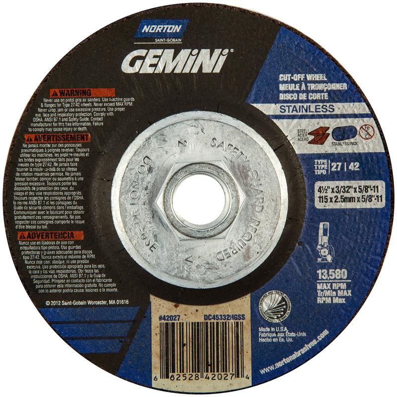 Cut-Off Wheel 4-1/2"X3/32"X5/8"-11 Type 27 Gemini Contaminant Free 