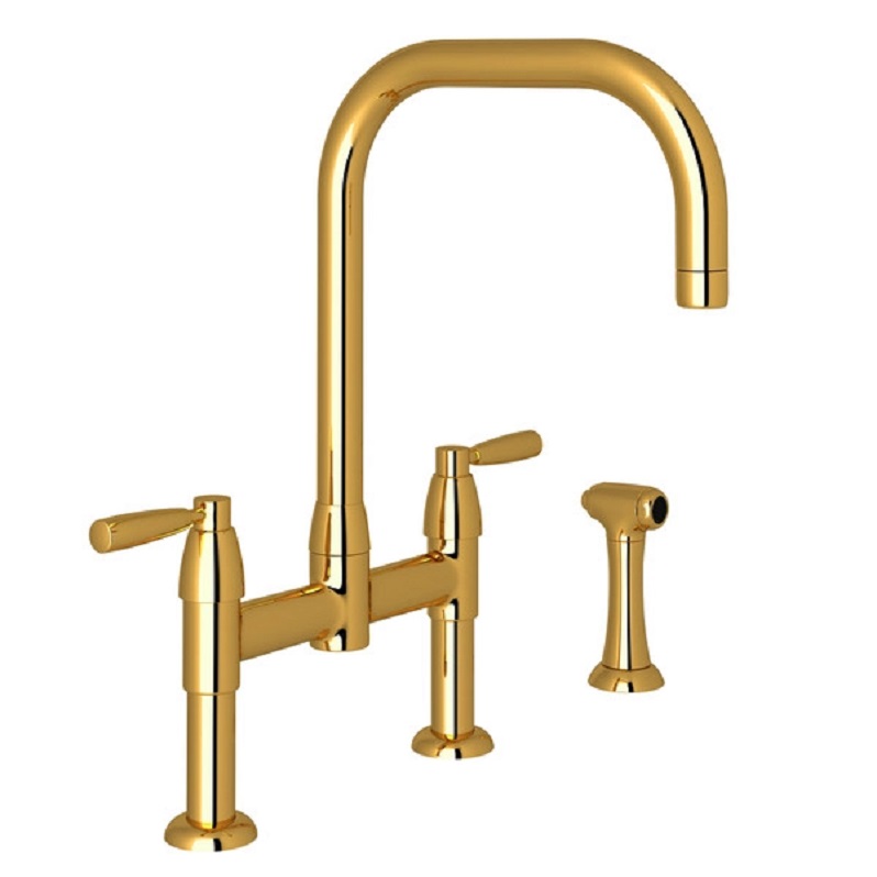 Holborn U-Spout Bridge Kitchen Faucet w/Sidespray in Unlacquered Brass