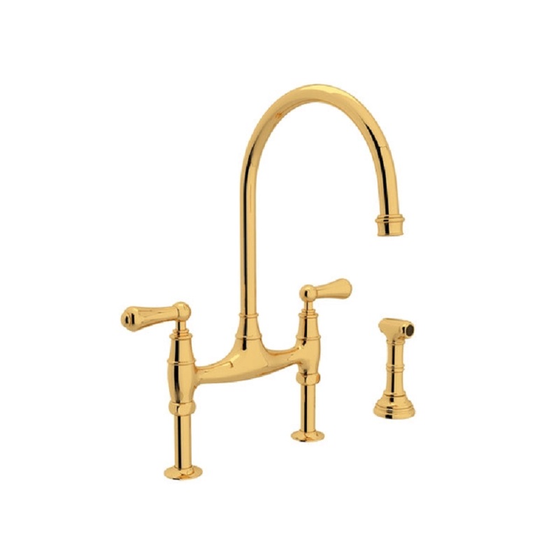 Georgian Era Bridge Kitchen Faucet w/Sidespray in Unlacquered Brass
