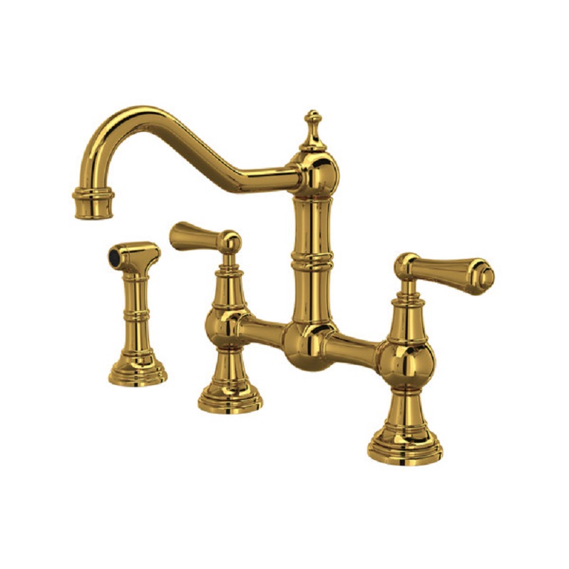 Edwardian Bridge Kitchen Faucet w/Sidespray in Unlacquered Brass