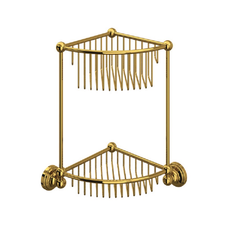 Perrin & Rowe Two Tier Corner Basket in Unlacquered Brass