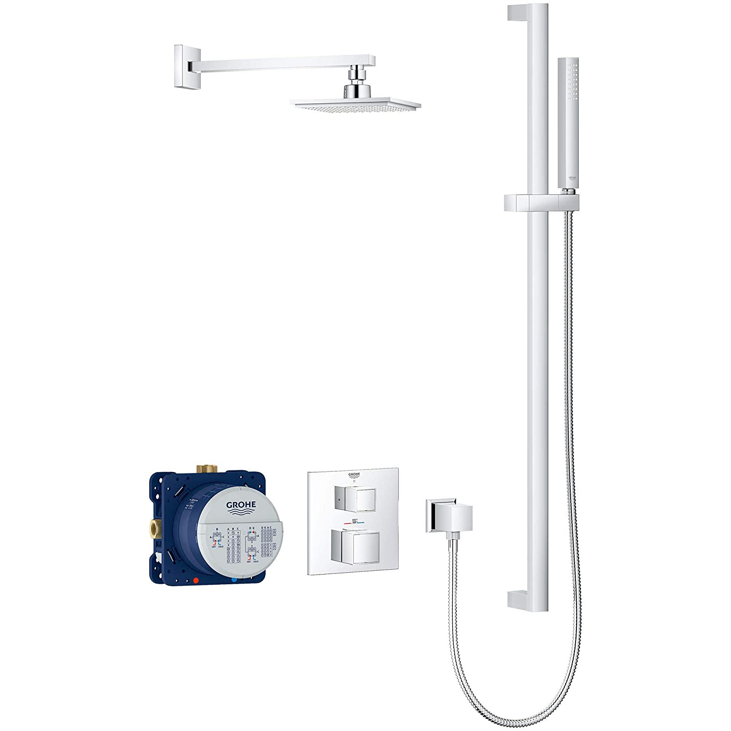 Grotherm Cube Shower Set W/Showerhead and Stick Hand Shower In StarLight Chrome