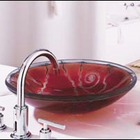 Carnavale 18-1/4x5-3/4 Single Bowl Vessel Lavatory Sink w/o Faucet Deck in Red w/Design Glass