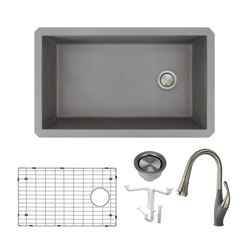 Radius 31-3/4x19-1/8x9-1/2" 1-Bowl Kitchen Sink/Fct Kit Grey