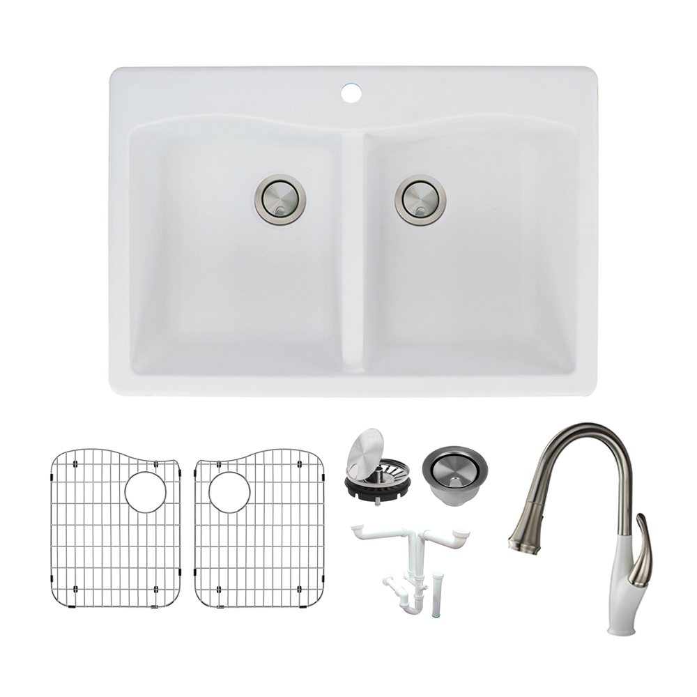 Aversa 33x22x9-1/2" Equal Dbl Bowl Sink Kit in White 1 HL